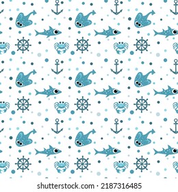 Blue Sea Stingray, Crab, Anchor And Steering Wheel On A White Background.Vector Seamless Pattern. For Fabric, Baby Clothes, Background, Textile, Wrapping Paper And Other Decoration. 
