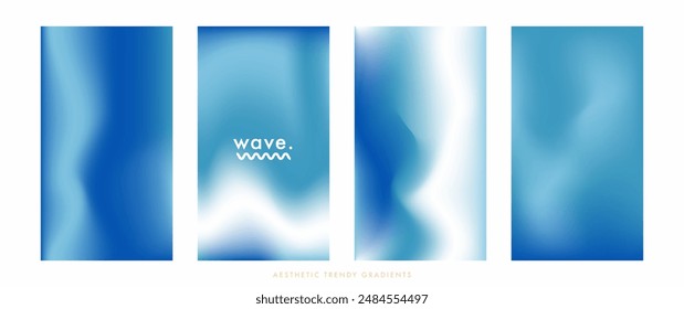 Blue sea stories set. Ocean and waves pastel colored vertical vector banner. Blurred sea gradient background. Simple soft light backdrop. Gradient stories design template for poster, social post