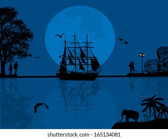 Blue sea sunset with boat and couple silhouettes, vector illustration