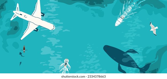 Superficie del mar azul desde el fondo del cartel de la ilustración vectorial. Vista superior sobre el océano con botes, avión, ballena y tiburón, gaviota, espacio de copia en el centro.