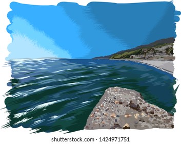 Blue sea, turquoise ocean, water, waves. Brown stone, stone. Green hills, forest, jungle. City by the sea. Seascape. Vector, color, realistic scenes.