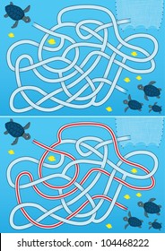 Blue sea turtle maze for kids with a solution
