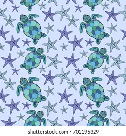 Blue sea turtle and starfish vector seamless pattern. Marine life background.