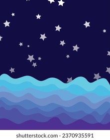 Mar azul bajo el arte vectorial nocturno estrellado.