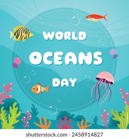 blue sea underwater world oceans day border cartoon graphic illustration design