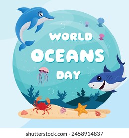 blue sea underwater world oceans day border cartoon graphic illustration design  