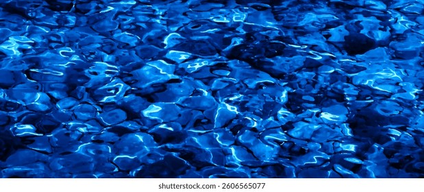 Blue sea vector background with stones on seabed, waves  and sun glare. Dark blue ocean. Summer illustration. Grunge vector abstract texture. Water. Storm.  Beach. 