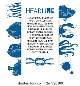 Blue sea vector template. Nautical fish and animals. 