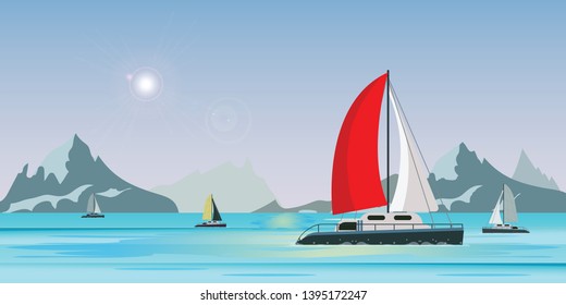 Blue sea view with luxury sailing ship yacht in the sea on lake view background, Yachting active sport, Summer travel and holidays concept vector illustration.