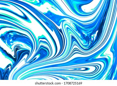 Blue sea water background. Abstract turquoise texture with ebru effect. Clear water banner. Swirly marble pattern. Elegant vector background for magazine cover or packaging design. 