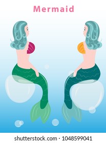 Blue sea water.Two cute Mermaid character sitting on the air bubble.Fairy undine princess.Siren.Cartoon vector illustration