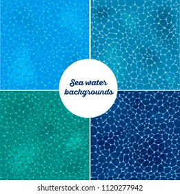 Blue sea water patterns set. Ocean water surface with white foam background. Blue water texture template vector illustration. Swimming pool blue water surface with bright sun light reflections