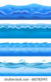 Blue sea water waves, seamless background set for game design. Vector illustration, isolated on white background.