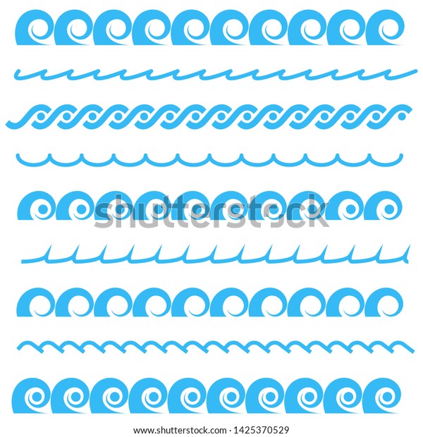 Blue sea
water waves seamless borders, isolated on white background.
Horizontal aqua elements, vector
illustration.