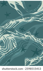 Blue sea water and waves with starfish shadows