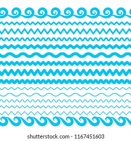 Blue Sea Water Waves Vector Seamless Borders, Horizontal Aqua Elements or Tide Lines Collection. Set of Decorative Repeat Wavy Dividers, Frames or Brushes Isolated on White Background
