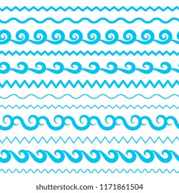Blue Sea Water Waves Vector Seamless Borders, Horizontal Aqua Elements or Tide Lines Collection. Set of Decorative Repeat Wavy Dividers, Frames or Brushes Isolated on White Background