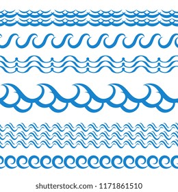 Vector de olas de agua de mar azul, fronteras sin fisuras, Elementos acuáticos Horizontales o Colección de líneas de marea. Conjunto de divisores ondulados de repetición decorativos, marcos o pinceles aislados sobre fondo blanco