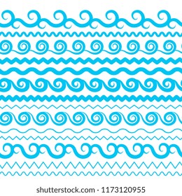 Blue Sea Water Waves Vector Seamless Borders, Horizontal Aqua Elements or Tide Lines Collection. Set of Decorative Repeat Wavy Dividers, Frames or Brushes Isolated on White Background