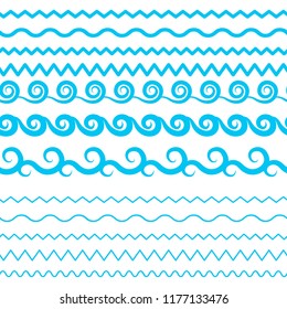 Blue Sea Water Waves Vector Seamless Borders, Horizontal Aqua Elements or Tide Lines Collection. Set of Decorative Repeat Wavy Dividers, Frames or Brushes Isolated on White Background