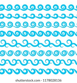Blue Sea Water Waves Vector Seamless Borders, Horizontal Aqua Elements or Tide Lines Collection. Set of Decorative Repeat Wavy Dividers, Frames or Brushes Isolated on White Background