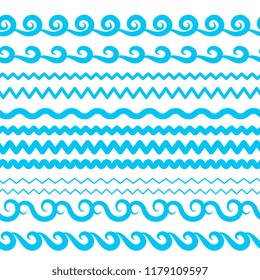 Blue Sea Water Waves Vector Seamless Borders, Horizontal Aqua Elements or Tide Lines Collection. Set of Decorative Repeat Wavy Dividers, Frames or Brushes Isolated on White Background