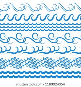 Blue Sea Water Waves Vector Seamless Borders, Horizontal Aqua Elements or Tide Lines Collection. Set of Decorative Repeat Wavy Dividers, Frames or Brushes Isolated on White Background