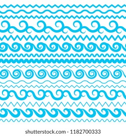 Blue Sea Water Waves Vector Seamless Borders, Horizontal Aqua Elements or Tide Lines Collection. Set of Decorative Repeat Wavy Dividers, Frames or Brushes Isolated on White Background