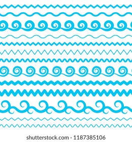 Blue Sea Water Waves Vector Seamless Borders, Horizontal Aqua Elements or Tide Lines Collection. Set of Decorative Repeat Wavy Dividers, Frames or Brushes Isolated on White Background