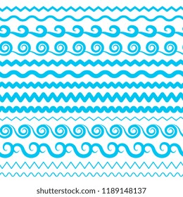Blue Sea Water Waves Vector Seamless Borders, Horizontal Aqua Elements or Tide Lines Collection. Set of Decorative Repeat Wavy Dividers, Frames or Brushes Isolated on White Background