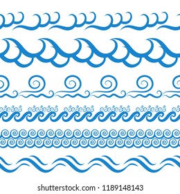 Blue Sea Water Waves Vector Seamless Borders, Horizontal Aqua Elements or Tide Lines Collection. Set of Decorative Repeat Wavy Dividers, Frames or Brushes Isolated on White Background