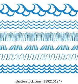 Blue Sea Water Waves Vector Seamless Borders, Horizontal Aqua Elements or Tide Lines Collection. Set of Decorative Repeat Wavy Dividers, Frames or Brushes Isolated on White Background