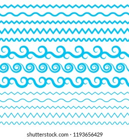 Blue Sea Water Waves Vector Seamless Borders, Horizontal Aqua Elements or Tide Lines Collection. Set of Decorative Repeat Wavy Dividers, Frames or Brushes Isolated on White Background
