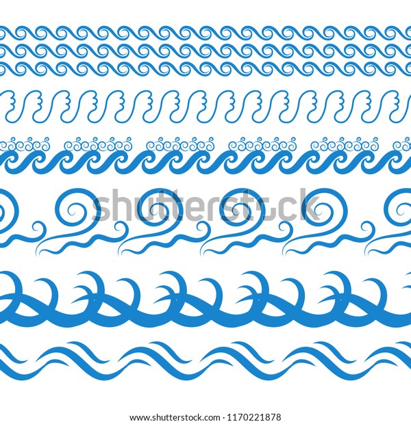 Blue Sea
Water Waves Vector Seamless Borders, Horizontal Aqua Elements or
Tide Lines Collection. Set of Decorative Repeat Wavy Dividers,
Frames or Brushes Isolated on White
Background