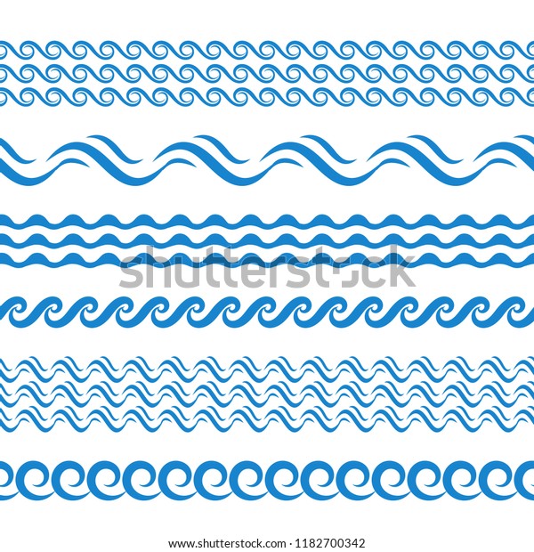 Blue Sea\
Water Waves Vector Seamless Borders, Horizontal Aqua Elements or\
Tide Lines Collection. Set of Decorative Repeat Wavy Dividers,\
Frames or Brushes Isolated on White\
Background