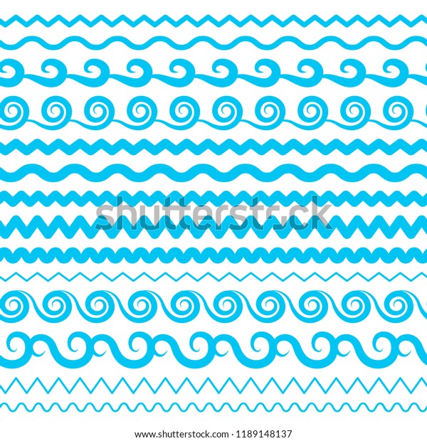 Blue Sea\
Water Waves Vector Seamless Borders, Horizontal Aqua Elements or\
Tide Lines Collection. Set of Decorative Repeat Wavy Dividers,\
Frames or Brushes Isolated on White\
Background