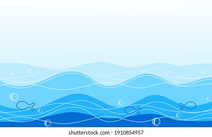 Blue sea wave with fish cartoon on  background vector.