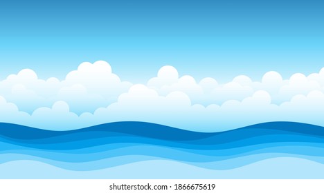 Blue sea wave flowing with white soft clouds cartoon, sky background landscape vector illustration.