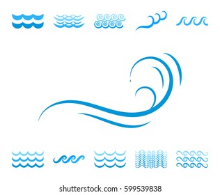 Blue Sea Wave Icons or Water Liquid Symbols Isolated on White. River or Oceanic Flowing Sign, Bending Lines