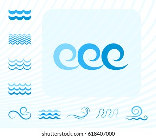 Blue Sea Wave Icons or Water Liquid Symbols Isolated on White. River or Oceanic Flowing Sign, Bending Lines