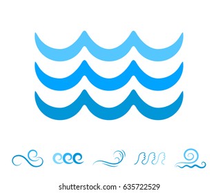 Blue Sea Wave Icons or Water Liquid Symbols Isolated on White. River or Oceanic Flowing Sign, Bending Lines