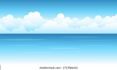 Blue sea wave with white clouds cartoon, sky background landscape vector design