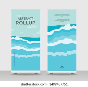 Ondas do mar azul Abstract Shapes Modern Exhibition Publicidade Trend Business Roll Up Banner Stand Poster Brochura modelo de design plano conceito criativo. Ondas azuis rolam acima EPS. Capa da Apresentação