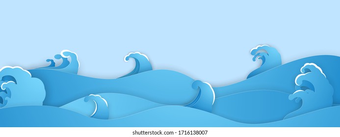 Blue sea waves background. Modern Paper cut background. 3D abstract paper art style, flyers posters prints,