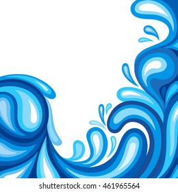 Blue sea waves background. Square background with abstract blue drops corner.