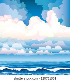 Blue sea with waves and cloudy stormy sky