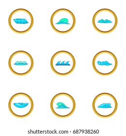 Blue sea waves icons set. Cartoon set of 9 blue sea waves vector icons for web isolated on white background