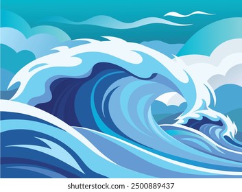 Blue Sea waves illustration drawing abstract background vector story page summer design 