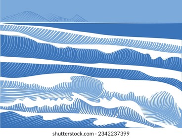 Blue sea waves landscape illustration. Lineart digital drawing