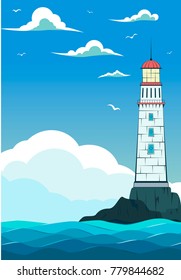 Blue sea with waves and lighthouse on island. Marine nature landscape, wildlife background, sea navigation vector illustration